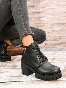 全新女式户外街头英伦复古刺绣经典翻领机车朋克时尚百搭系带侧拉链厚底舒适靴 - 黑色 - 查看 6