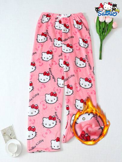 SANRIO بنطلون بيجامة نسائي شتوي كارتوني كيوت هالو كيتي من الفلانيل، ناعم، فضفاض، غير شفاف، مناسب للاسترخاء في المنزل، خريف وشتاء، مريح