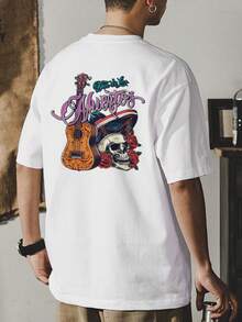 ¡Envío desde México, Playera algodón deportiva casual de hombre,  estampado de Calavera y guitarra del Día de los Muertos , manga corta de corte holgado, bicolor blanco y negro, top casual transpirable de moda, ropa casual Camiseta divertida Moda de verano. - Blanco (parte posterior) - Ver 3