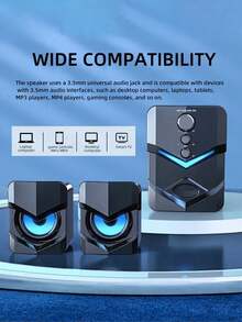 High-Quality 2.1 Stereo Desktop Speaker With LED Ambient Lighting - USB Powered, 3.5mm Audio Jack, Wired Connection For PC, Laptop, Tablet, Gaming Console & MP3/MP4 Devices, Modern Design With Blue Accents, Portable Speaker