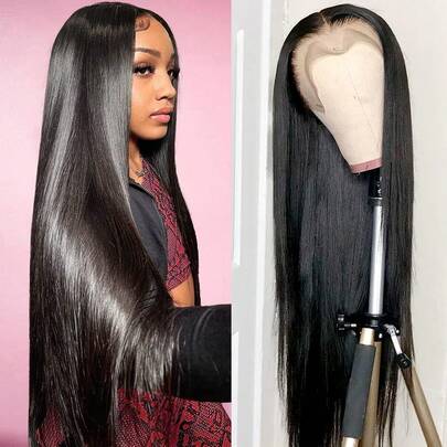 Peluca de Mujer, Peluca de 65cm de Largo, Peluca negra vertical con encaje delanteron ,Ondulado Excelente Calidad Cabello Moda Para Fiestas Temáticas, Cosplay, Halloween, Conciertos, Bodas, Citas y Cualquier otra Ocasión (Negro, Mediano, cabello liso)