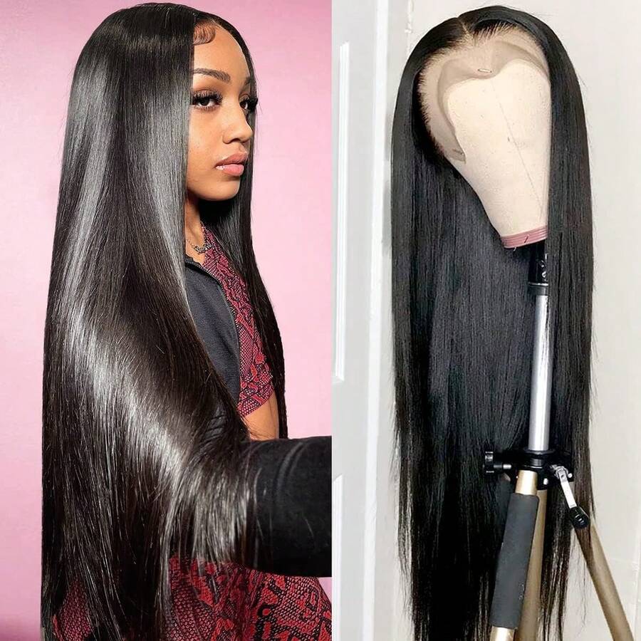Peluca de Mujer, Peluca de 65cm de Largo, Peluca negra vertical con encaje delanteron ,Ondulado Excelente Calidad Cabello Moda Para Fiestas Temáticas, Cosplay, Halloween, Conciertos, Bodas, Citas y Cualquier otra Ocasión (Negro, Mediano, cabello liso) - 1 - Ver 1