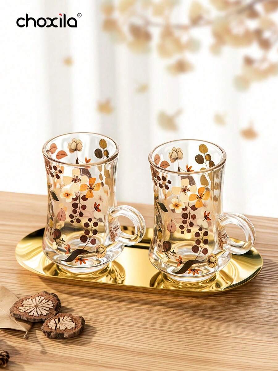 choxila 3件套茶杯碟套装，花叶图案玻璃盘碟套装，咖啡杯，茶杯，水杯，奶茶杯，带把手杯，金色托盘，小吃托盘，甜点托盘，适用于家庭、餐厅、斋月、宰牲节 - Cup - 查看 1
