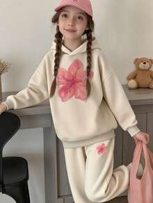 Bộ 2 áo hoodie lót nhiệt in họa tiết cho bé gái tuổi teen, áo nỉ dài tay ấm áp và quần dài cho mùa thu/đông, áo hoodie trẻ em mềm mại và thoải mái để thể hiện cá tính của bé - Màu be - Xem 6