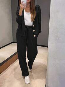 YI XUAN Plus Size Women's 2-Piece Set, Casual Knit Button-Up Cardigan Jacket And Drawstring Pants Black Spring Elegant - Black - View 2