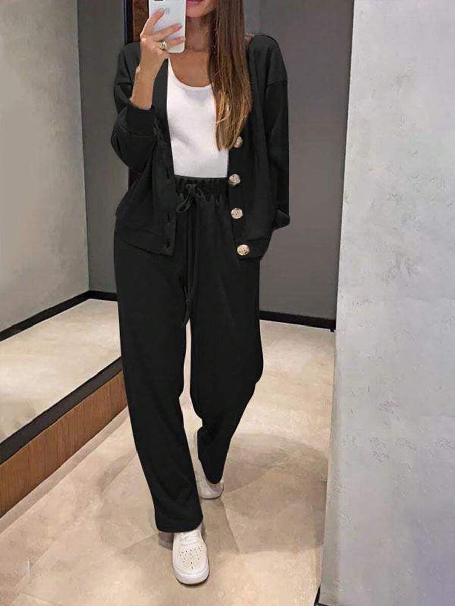 YI XUAN Plus Size Women's 2-Piece Set, Casual Knit Button-Up Cardigan Jacket And Drawstring Pants Black Spring Elegant