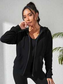 (春/秋) 女士时尚运动休闲户外健身跑步连帽夹克，女友风格纯色连帽长袖抽绳防风户外健身运动时尚连帽衫 - 黑色 - 查看 3