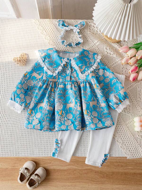 3pcs Baby Girls' Spring/Autumn Long Sleeve Outfit Set - Fashionable Princess Dress, Pants And Headband
