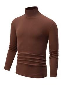 Double-Sided Fleece High Collar Long Sleeve T-Shirt For Men, Autumn/Winter Reversible Turtleneck Thick Warm Casual Undershirt Pullover T-Shirt - Brown - View 2
