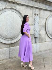 MARRANT PLAIN MIDI DRESS Simple Button Contrasted Waist WOMEN'S SUMMER FASHION - tử đinh hương - Xem 3