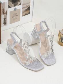 女童透明水钻蝴蝶凉鞋，透明粗跟配银色踝带 - 銀色 - 查看 7