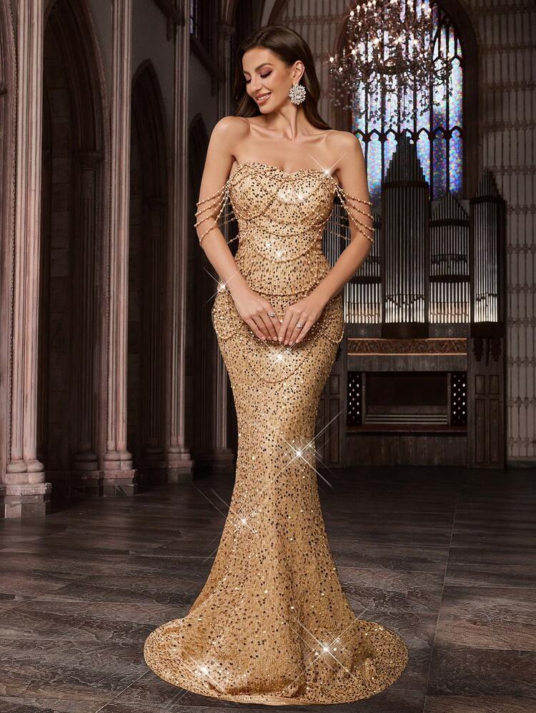 Glamorous Sequin Party Formal Dress, Shiny Beaded Women's Evening Gown, Suitable For Charity Ball, Birthday Party, Gala Dinner, Cocktail Party, Etc., Solid Color Backless Mermaid Hem Dress Wedding Spring - Champagne - View 5