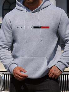 Chaqueta con Capucha para Hombre - Estampado de Letras "Paris" en Azul Vibrante,  Poliéster, Corte Regular, Manga Larga y Cordón Ajustable, Sudadera Casual para Otoño e Invierno, Ropa de Ocio - Gris Claro - Ver 6