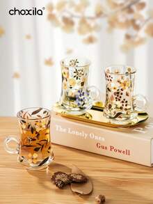 choxila 3件套茶杯碟套装，花叶图案玻璃盘碟套装，咖啡杯，茶杯，水杯，奶茶杯，带把手杯，金色托盘，小吃托盘，甜点托盘，适用于家庭、餐厅、斋月、宰牲节 - Cup - 查看 4