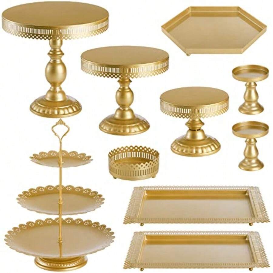 Set Of 10 Cake Stand Metal Cupcake Stand Set With Multiple Combination Styles Dessert Plate Cake Serving Tray Candy Fruit Display Tower For Wedding Birthday Party Baby Shower Anniversary - Vàng - Xem 1