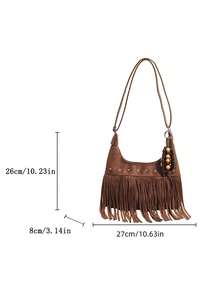 HAILIAN 1 件女士流苏简约复古纯色绒面革单肩包，大容量便携式斜挎包，适合通勤、购物、派对、秋冬 - 查看 11