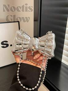 Mini Bowknot Mini Evening Bag, Small Personalized Fashion Chain Lipstick Bag For Women, Suitable For Valentine's Day, Party, Date, Decorative Shoulder Crossbody Bag, Coin Purse, Silver, Gold Earphone Case - 彩色 - 查看 7