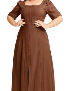 Women's Midi Dress Casual Party Plus Size Short Sleeve Elegant Tailoring - Rust Brown - View 2