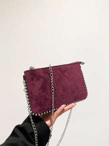 Handmade Chain Strap Shoulder Bag, Versatile & Multifunctional, Metallic Silver Color, Baguette Underarm Handbag, Shoulder/Crossbody Bag, Zipper Closure - Grey - View 10