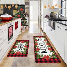 1/2/3 Stücke verstärkte 0.47 Inch/1.2cm Weihnachts-Küchen-Teppiche und -Matten - Rot karierte Weihnachts-Teppiche und -Matten rutschfest waschbar, Fußmatte mit geringer Profil für Feiertage, Weihnachtsdekoration für Zuhause, Heim süßes Heim