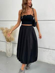 百搭甜美休闲黑色碎花泡泡裙，高腰修身A字裙 - 黑色 - 查看 4