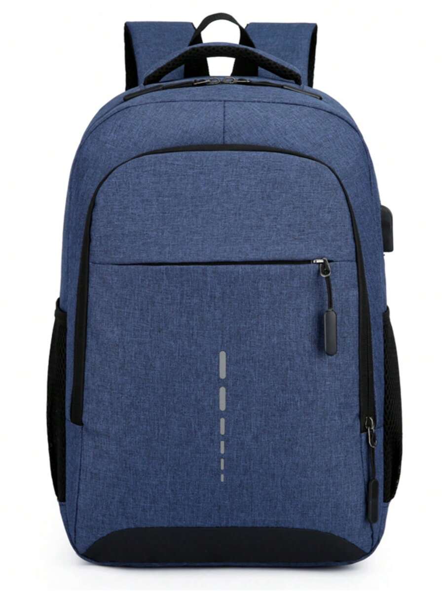 Mochila casual de moda para hombres con diseño de tira reflectante y USB a prueba de agua - Azul - Ver 1