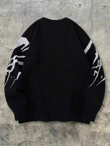 男士宽松休闲纯色针织毛衣，饰有动漫少女眼睛印花，街头风长袖圆领套头衫，适合秋冬季穿着 - 黑色 - 查看 3