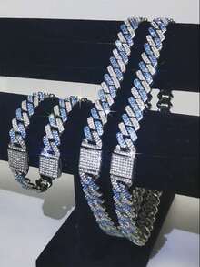 CVNANA 1 件 14 毫米翻蓋男女通用粗鏈項鍊嘻哈風格水晶鑲嵌手鍊 - 藍色 - 查看 4