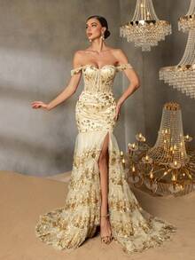 Faeriesty Chiếc đầm dạ hội trễ vai thanh lịch này nổi bật với họa tiết thêu vàng tinh tế, kiểu dáng đuôi cá và thiết kế thắt eo, rất phù hợp để tham dự các buổi dạ tiệc sang trọng, đám cưới, dạ hội từ thiện, lễ trao giải và các sự kiện trang trọng khác. - Rượu sâm banh - Xem 5