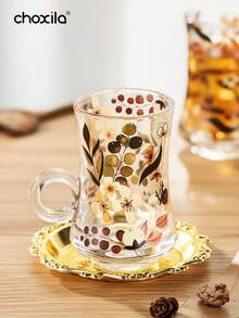 choxila 3件套茶杯碟套装，花叶图案玻璃盘碟套装，咖啡杯，茶杯，水杯，奶茶杯，带把手杯，金色托盘，小吃托盘，甜点托盘，适用于家庭、餐厅、斋月、宰牲节 - Cup - 查看 6
