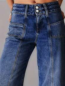 大码女式弹力牛仔面料开衩牛仔裤，休闲百搭双扣修身口袋水洗宽松阔腿喇叭牛仔裤，2025新款畅销百搭四季牛仔裤春季款 - 深色水洗藍 - 查看 2