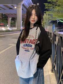 Women's Loose Casual Versatile English Letter Contrast Color Print Long Sleeve T-Shirt, 100% Cotton