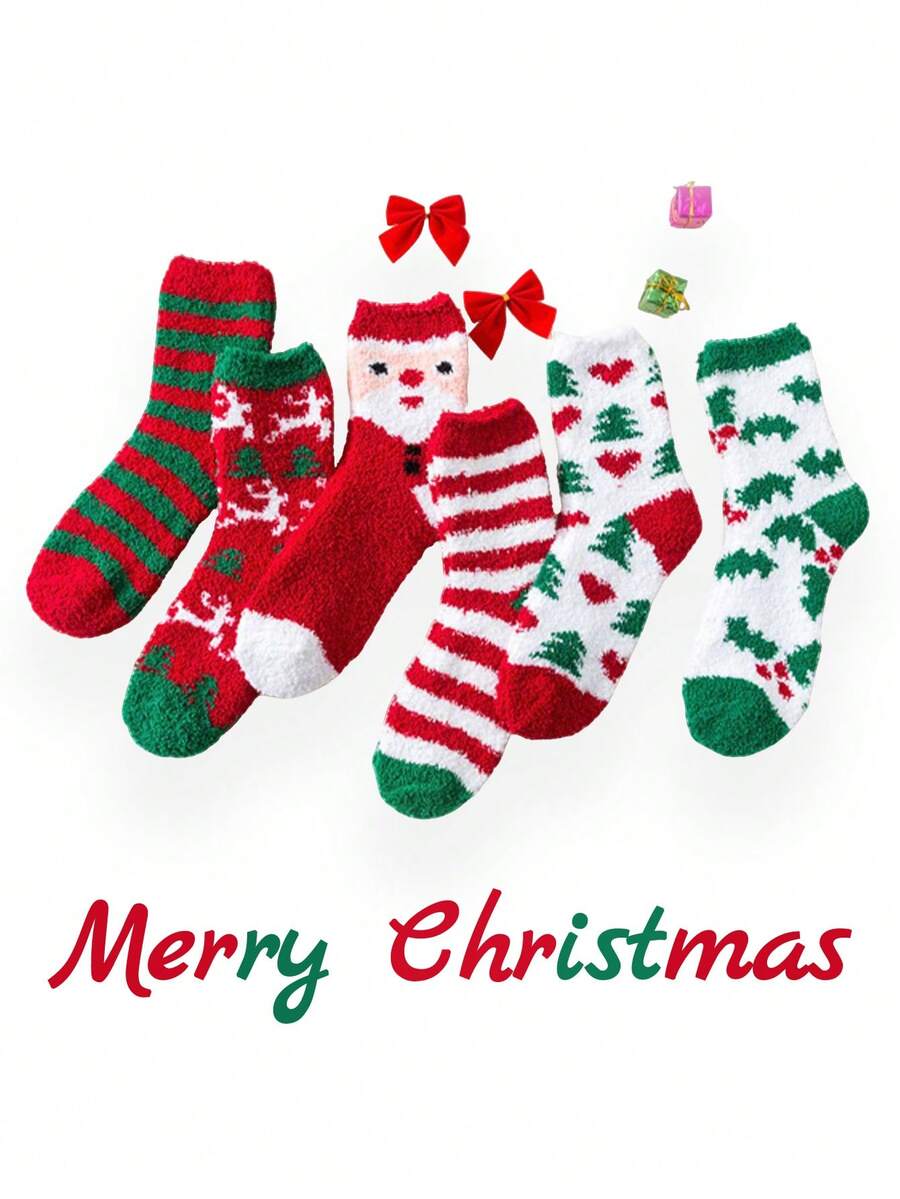 1/5/6 Pairs Christmas-Themed Unisex Autumn-Winter Warm Coral Fleece Socks. With Santa, Reindeer And Christmas Tree Elements For A Festive Vibe. Cozy For Self-Wear And A Heartwarming Gift. Merry Christmas!