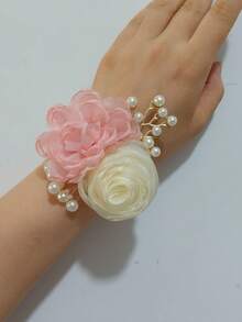 1 chiếc vòng tay hoa dành cho nữ, hoa trà màu xanh ô liu kết hợp với hoa hồng màu be, vòng tay hoa thanh lịch đính hạt dành cho cô dâu, phù dâu, đám cưới, tiệc tùng, đeo hàng ngày, phụ kiện ngày Valentine. - Hồng - Xem 2
