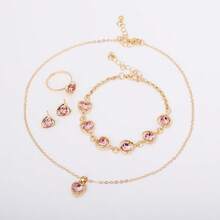 Crystal Heart Jewelry Set, 4-Piece Rose Quartz Necklace Earrings Ring Bracelet, Elegant Valentine's Day Gift For Women, Delicate Adjustable Minimalist Style Collection(Pink Suit)