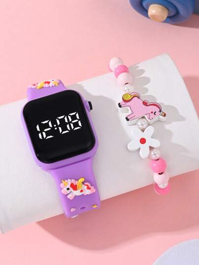 2 piezas de relojes de niña con diseños de unicornio, mariposa y sirena. Adecuados como útiles escolares de moda para estudiantes. Relojes digitales LED de forma cuadrada, asequibles para la temporada de regreso a clases. Reloj digital de pulsera y pulsera con cuentas de unicornio, mariposa y sirena.