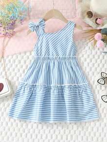 Vestido Infantil Listrado com Ombros Abertos e Laço nas Alças Super Estiloso Tecido Crepinho Super Delicado Moda Primavera Verão Para Meninas VINF426