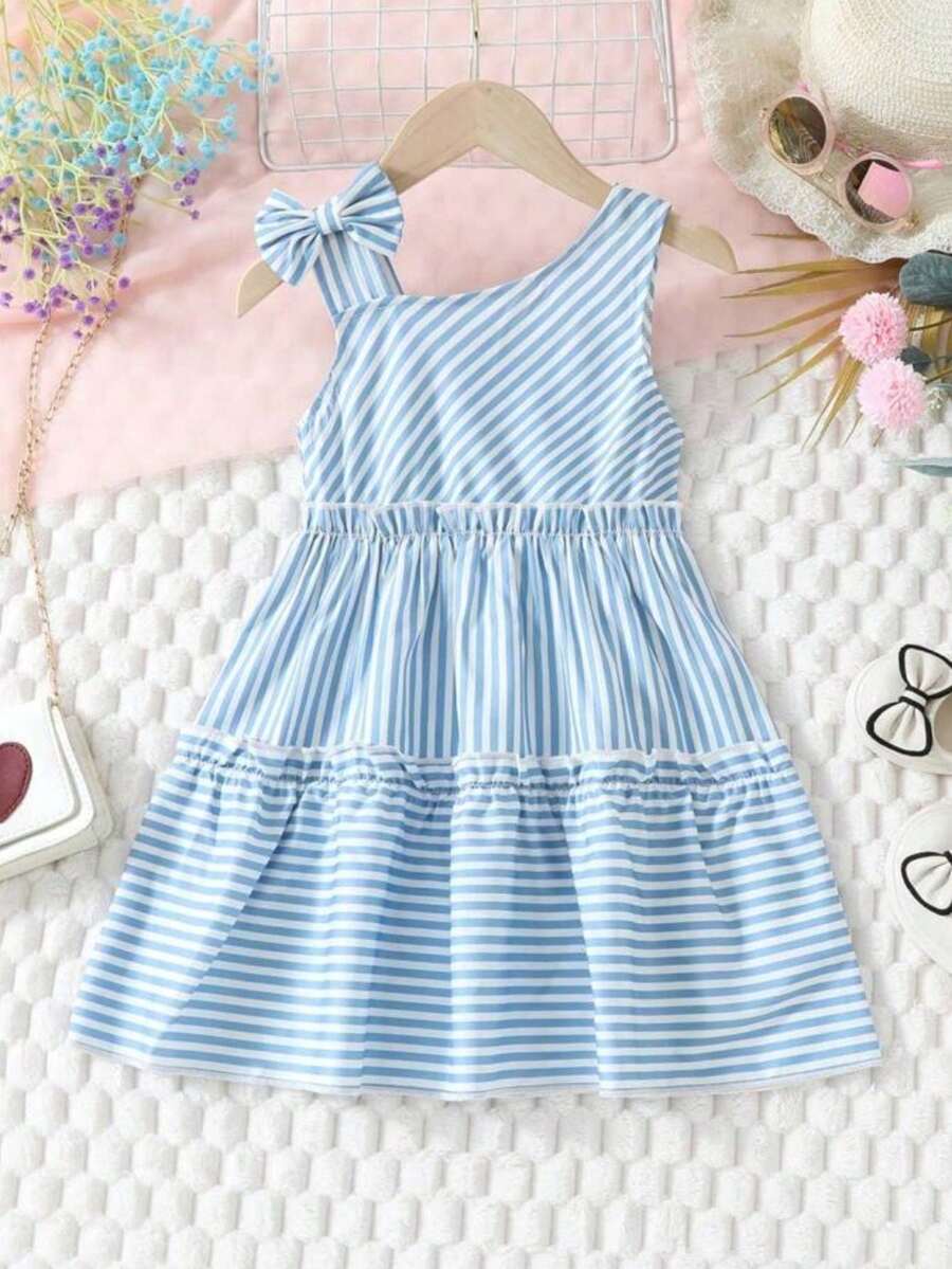 Vestido Infantil Listrado com Ombros Abertos e Laço nas Alças Super Estiloso Tecido Crepinho Super Delicado Moda Primavera Verão Para Meninas VINF426