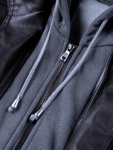 Men's Casual Stand Collar PU Faux Leather Zip-Up Motorcycle Bomber Jacket With A Removable Hood - 黑色 - 查看 5