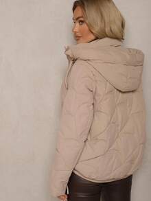 Women's Casual Hooded Long Sleeve Drawstring Quilted Jacket, Autumn/Winter - Dark Grey - View 3