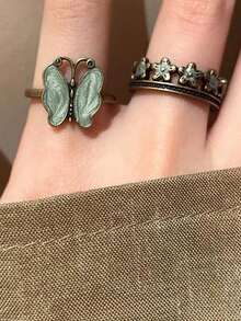 2 件复古简约绿色蝴蝶和花朵装饰可调节戒指，适合女性日常佩戴、照片、情人节礼物