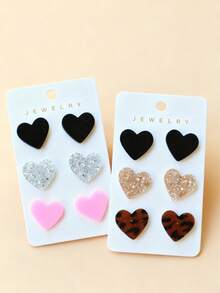 3 Pairs/Set Fashionable Cute Leopard Print Heart Shaped Earrings Set, Gift For Girls - Multicolor - View 4
