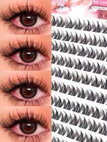 120/100 件自粘式独立睫毛簇、漫画睫毛和自然假睫毛 C 卷曲 DIY 可重复使用睫毛、自然、纤细、防水、交叉、猫眼、娃娃风格、10-12 毫米长度、带睫毛镊子、适合初学者、带有预装胶条，方便使用 - 黑色 - 查看 2