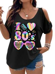 80s Tie-Dye Aesthetic With Hearts And Cassette Tape Women Cold Shoulder Tops Summer Short Sleeve Shirt Plus Size - 黑色 - 查看 1