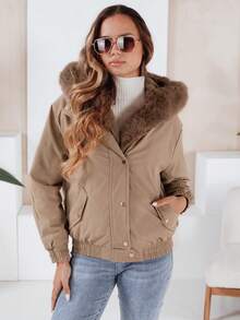 Women's Short Winter Jacket With Hood And Faux Fur Trim. Stylish And Warm Outerwear With Zipper And Snap Fastening, Elastic Waist And Cuffs, Practical Pockets, And A Fashionable Design Perfect For Winter And Everyday Urban Looks. - Beige - View 3