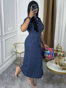 Women's Mid Rise Button Front Midi Denim Dress - Elegant Non-Stretchy For Home Leisure English Product Description (5-Point Format) - Dark Wash - View 4