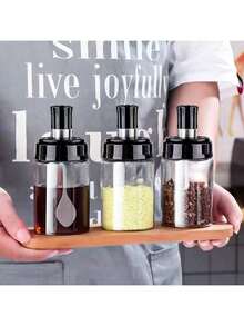 3pcs Moisture-Proof Plastic Spice Jar With Lid, Kitchen Glass Spice Jars Seasonning Box Set Of 3 Condiment Containers With Spoons 10oz Transparent Sealed Kitchen Bottles For Storage Spices, Christmas Party Supplies, Family Dinner - 3 cái - Xem 10