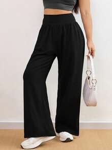 1 chiếc quần yoga ống rộng dáng suông cỡ lớn dành cho nữ, màu trơn, đa năng cho mặc hàng ngày, tập thể dục trong nhà, yoga, pilates, chạy bộ, đạp xe ngoài trời, có túi bên hông, cạp chun co giãn, chất liệu mềm mại, dễ phối đồ, màu đen, thích hợp cho mọi mùa xuân. - màu đen - Xem 5