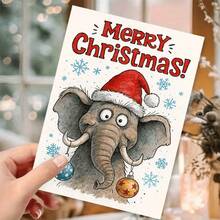 1pc Funny Elephant Christmas Card With Santa Hat - Perfect Holiday Greeting And Gift For Animal Lovers, Festive Seasonal Celebration Card, Whimsical Design, Durable Paper Material, Ideal For Christmas Shoppers & Holiday Decorators, Christmas Card For Granddaughter With Elephant, Thank You Card, Christmas Card, Wedding Card