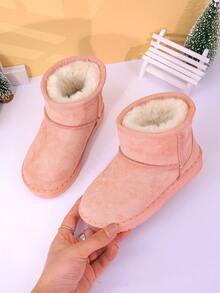 1 Pair Of Children's Snow Boots With Brown, Black, Pink Plush Lining And Suede Lining For Warmth . Short Top, Flat Heel, Simple, Casual, Comfortable And Fashionable. Children's Snow Boots For Winter Holiday Travel